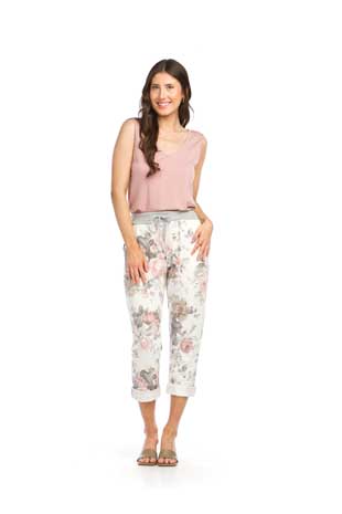 PP-16826 - FLORAL STRETCH COTTON BLEND PANTS WITH ELASTIC WASITBAND - Colors: AS SHOWN - Available Sizes:XS-XXL - Catalog Page:67 